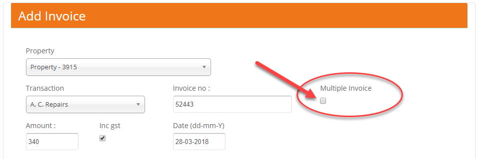 Multiple Invoice checkbox on the Add Invoice screen
