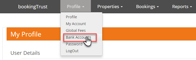 Profile menu with Bank Accounts highlighted