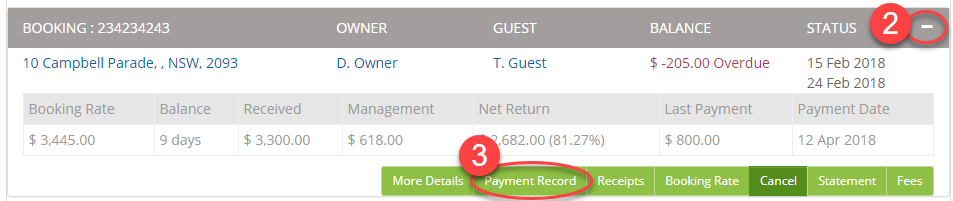 Booking submenu with Payment Record selected.