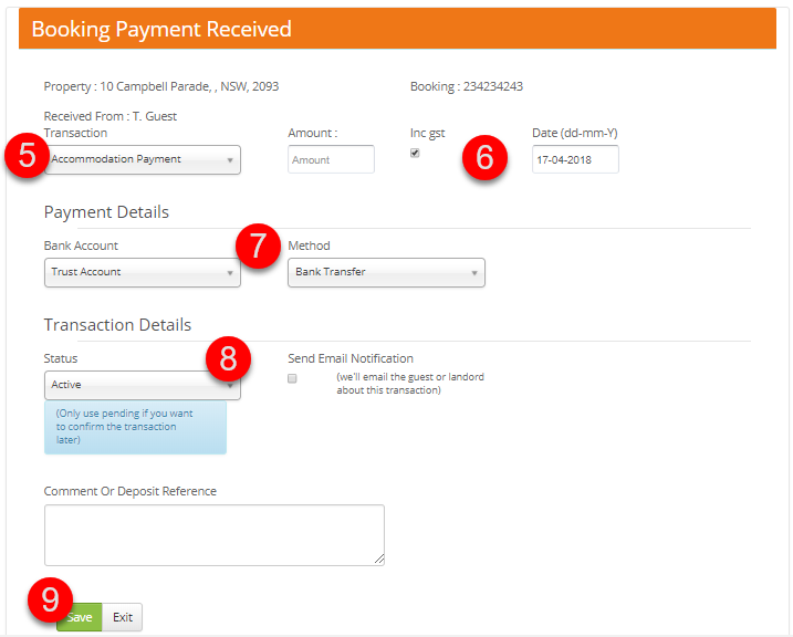 payment form showing payment type, amount, date, account, method, status and Save controls.