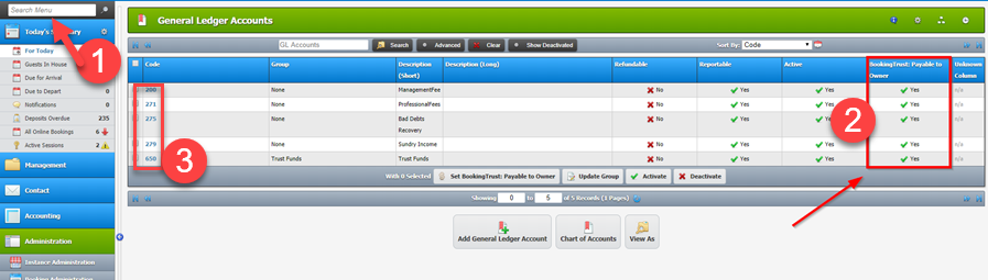 GL Accounts search, account codes and BookingTrust Payable to Owner column