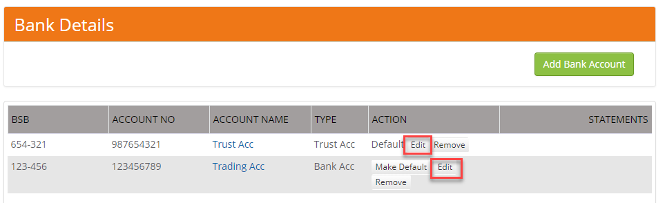Bank account list with Edit and Add Bank Account controls