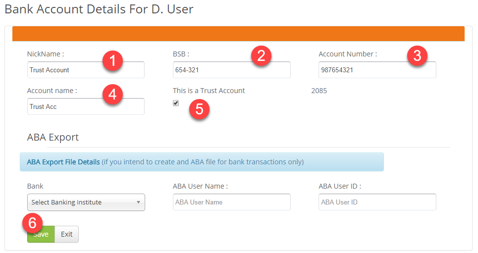Bank account form with numbered fields and Trust Account checkbox