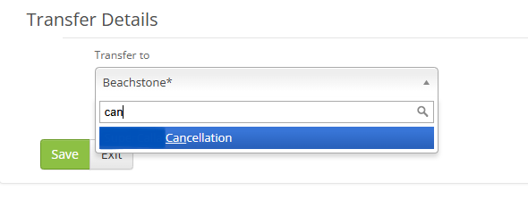Cancellation account selection in the booking transfer screen.