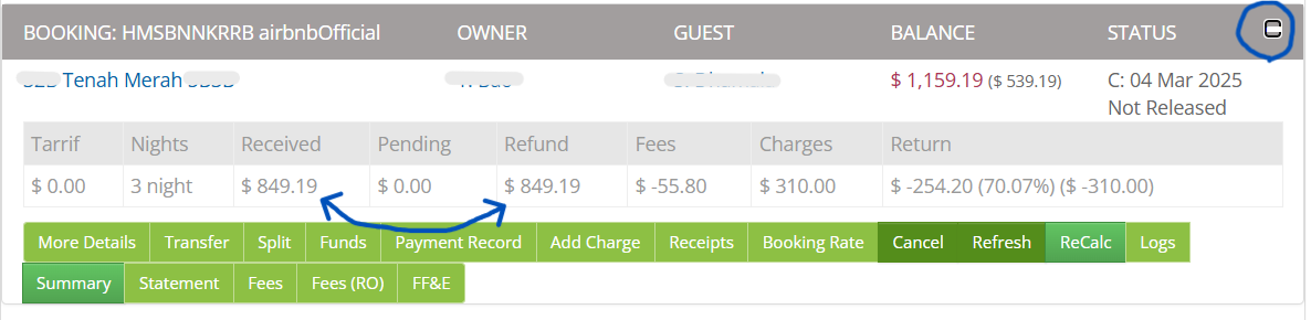 Cancelled booking financial summary used to compare money received and refunded.