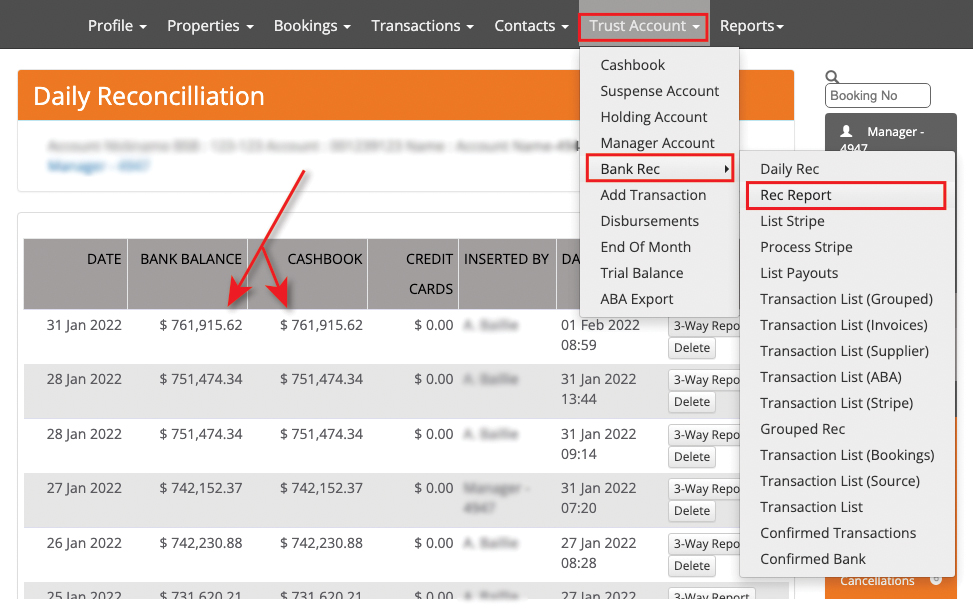 Rec Report navigation and the bank-balance and cashbook columns.