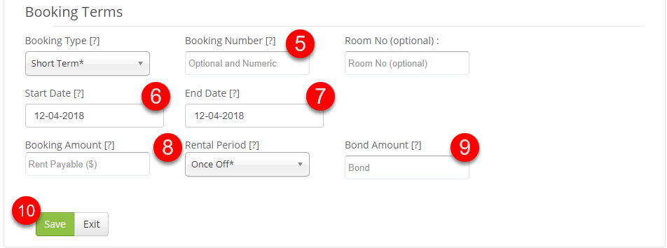 Booking Terms with the Bond Amount field and Save button.
