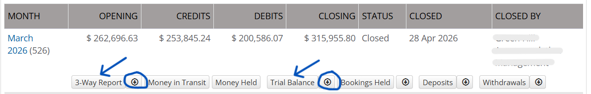 Saved month-end record with its balances and report controls.