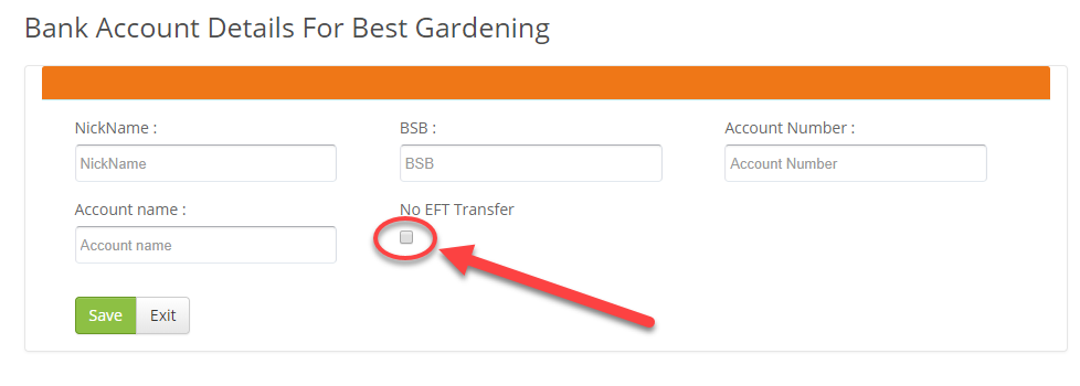 Supplier bank details with the No EFT Transfer checkbox highlighted.