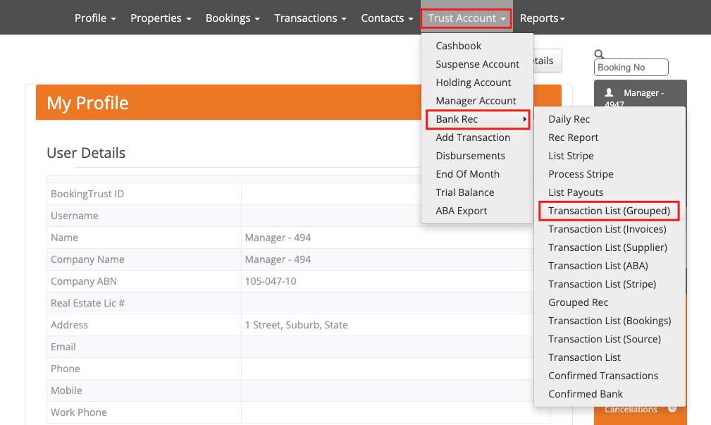 Menu path to Transaction List (Grouped)