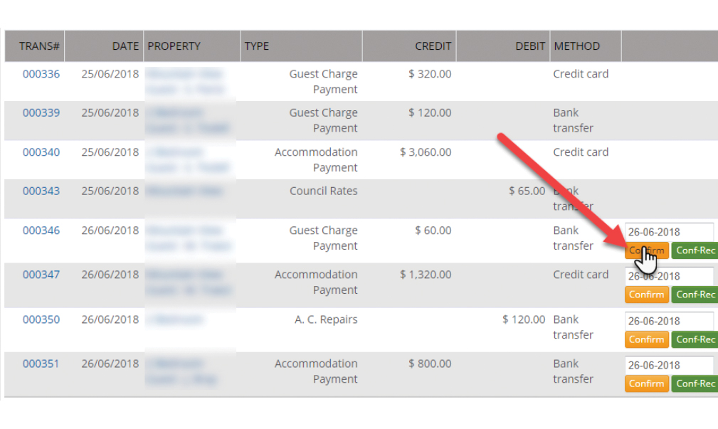 Transaction dates and orange Confirm buttons