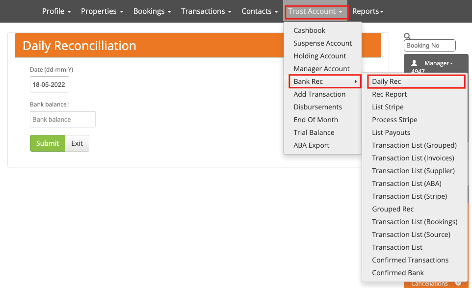 Daily Rec form with date, bank balance and Submit