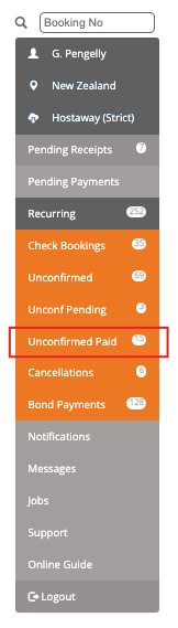 Right-hand menu with Unconfirmed Paid highlighted