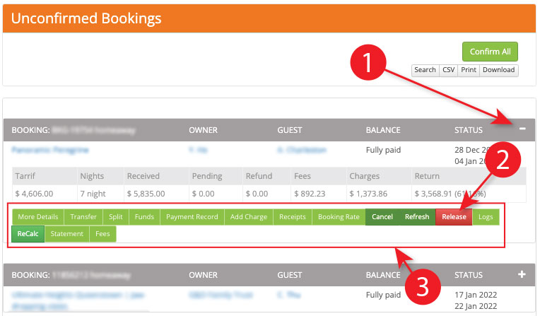 Expanded booking showing the plus/minus control, Release button and submenu