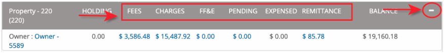 Disbursements property row showing the balance categories and expand control