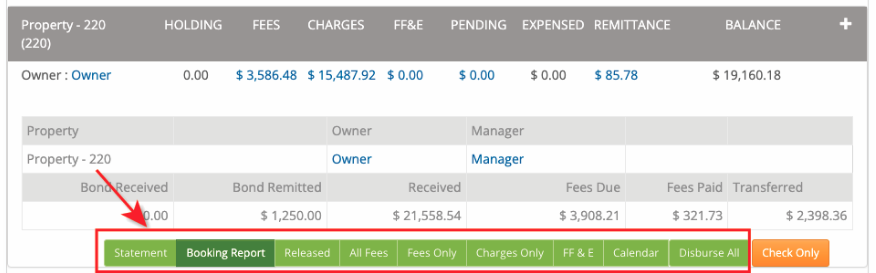 Expanded property submenu with reports and disbursement options