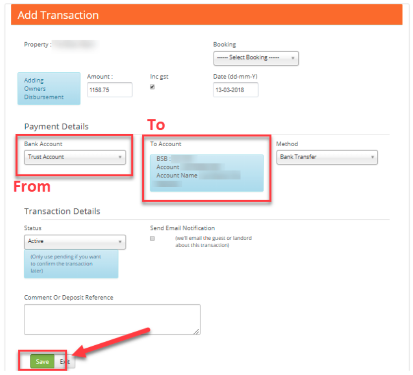 Owner Disbursement form highlighting the source account, destination details and Save