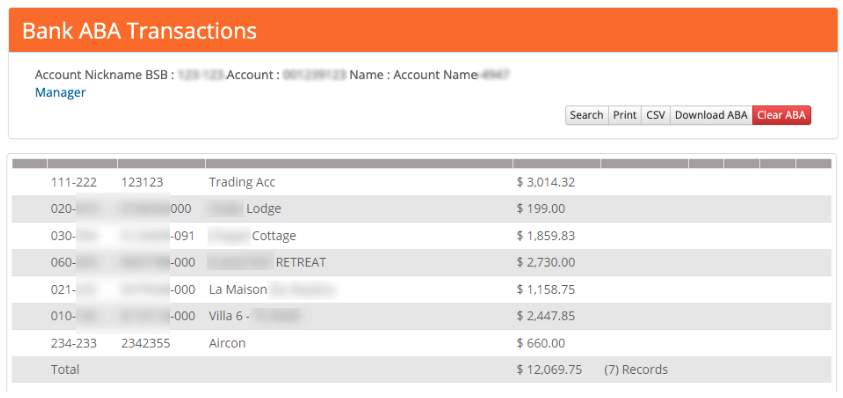 Bank ABA Transactions listing with the Download ABA control